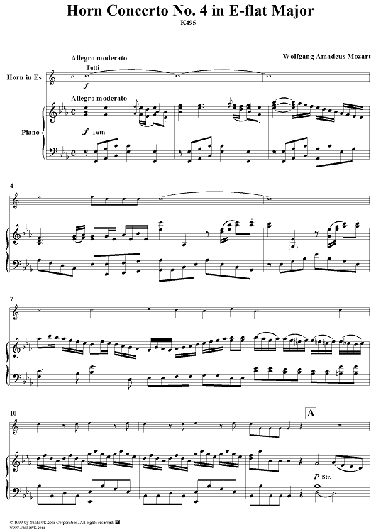 Horn Concerto No. 4 in E-flat Major, K495 - Piano Score