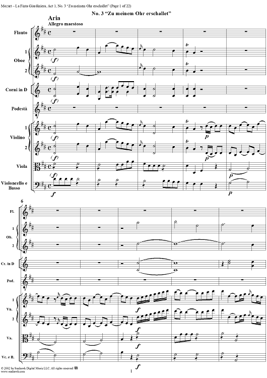 La Finta Giardiniera, Act 1, No. 3 "Zu meinem Ohr erschallet" (Aria) - Full Score