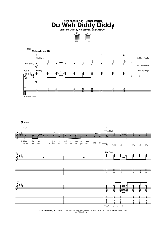 Do Wah Diddy Diddy" Sheet Music by Manfred Mann for Guitar Tab Sheet