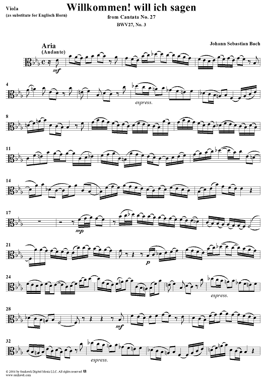 "Willkommen! will ich sagen," Aria, No. 3 from Cantata No. 27: Wer weiss, wie nahe mir mein Ende, BWV27 - Viola