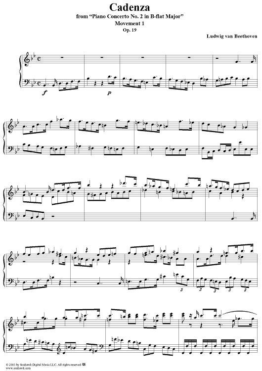 Cadenza to 1st Movt. of Piano Concerto No. 2 in B-flat Major, Op