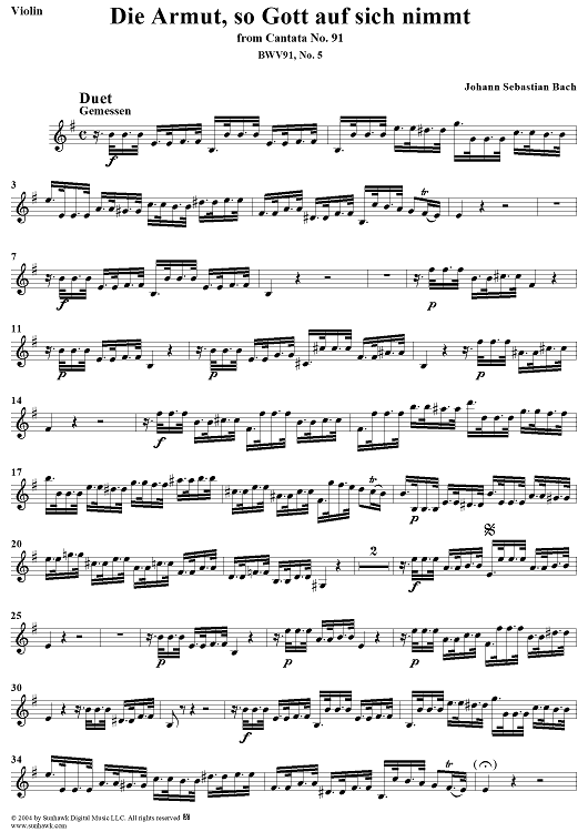 "Die Armut, so Gott auf sich nimmt", Duet, No. 5 from Cantata No. 91: "Gelobet seist du, Jesu Christ" - Violin