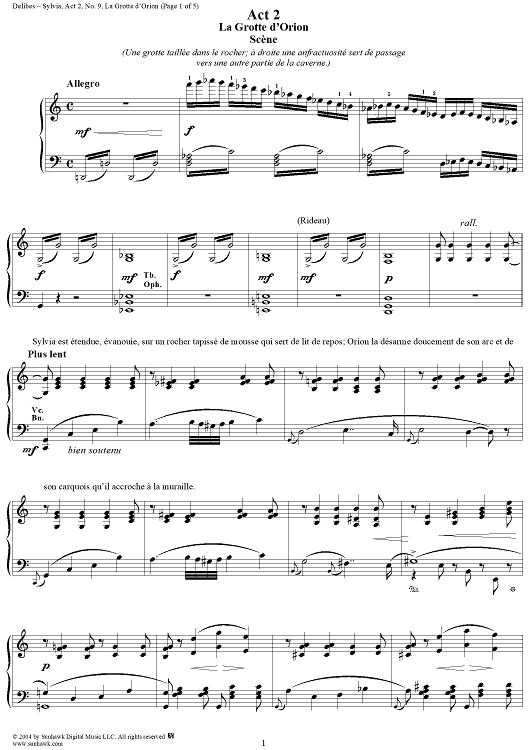 Sylvia, Act 2, No. 9: La Grotte d'Orion - Piano Score