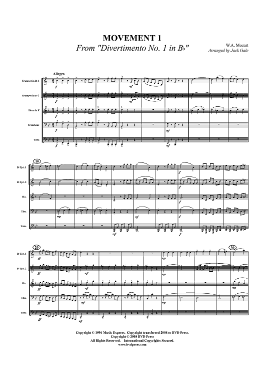 Movement 1 from "Divertimento No. 1 in B-flat" - Score