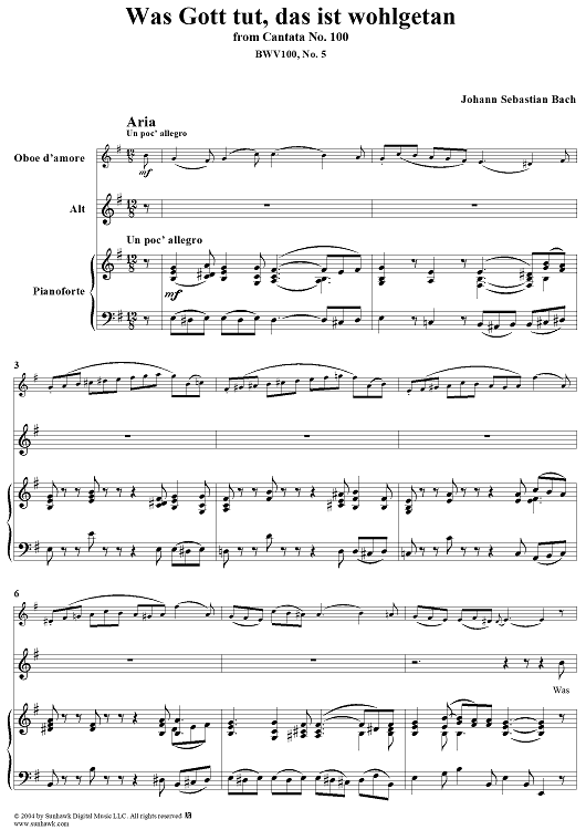 "Was Gott tut, das ist wohlgetan", Aria, No. 5 from Cantata No. 100: "Was Gott tut, das ist wohlgetan" - Piano Score