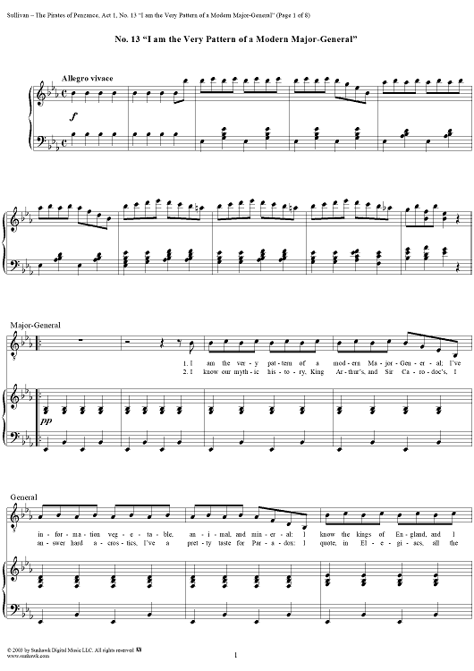 The Pirates of Penzance - Act I, No. 13: I am the very pattern of a modern Major-General - Vocal Score