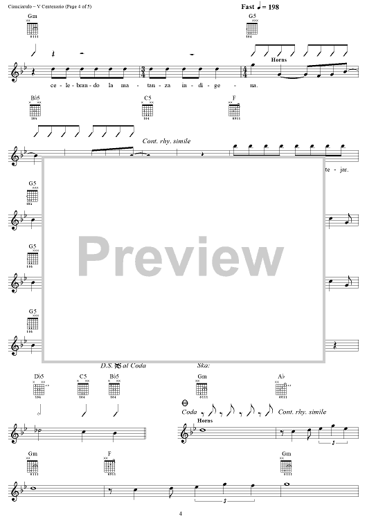 V Centenario" Sheet Music by Los Fabulosos Cadillacs for Lead Sheet