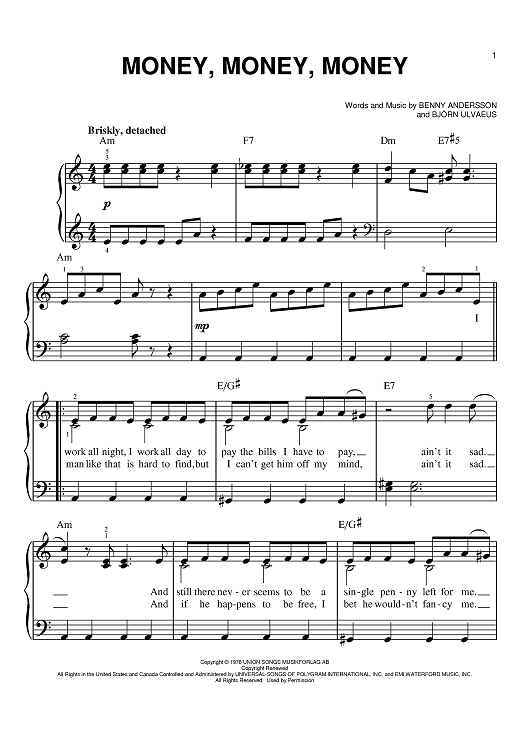 money trees piano Money, Money, Money" Sheet Music by ABBA for Easy Piano