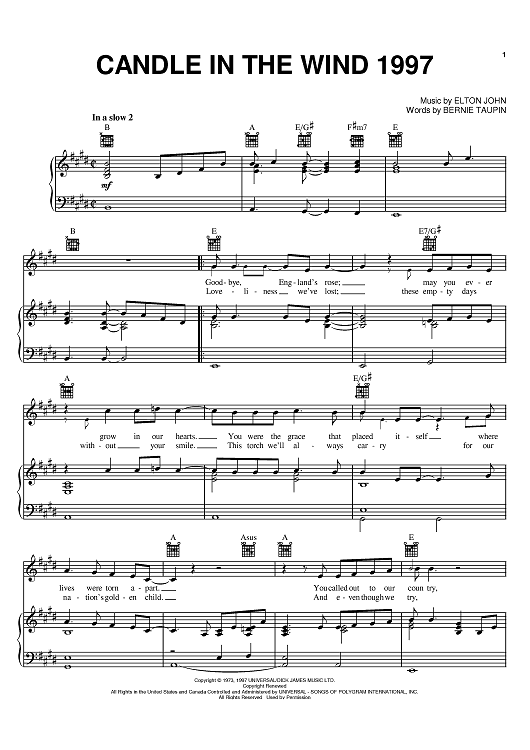 Elton John - Candle in the Wind 1997 Diana Princess of Wales Sheet Elton John - Candle in the Wind 1997 Diana Princess of Wales Sheet